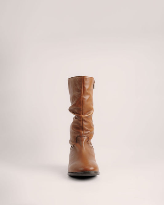 Close-up of the soft slouch shaft in cognac leather