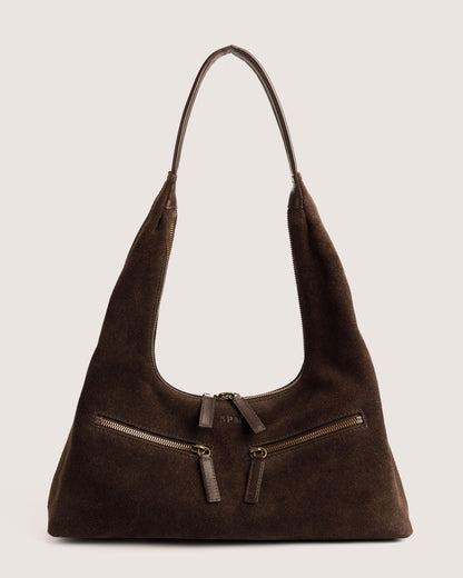 Kaia dark brown suede shoulder bag for women