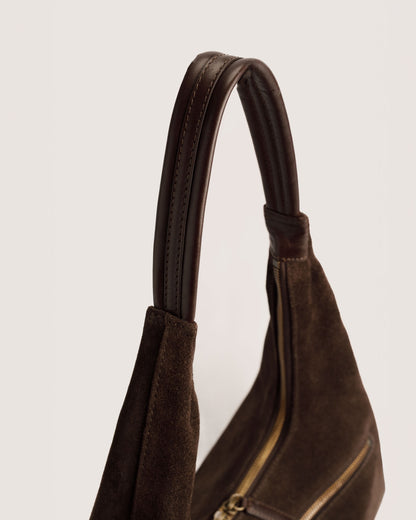 Kaia dark brown suede shoulder bag with front zip pockets