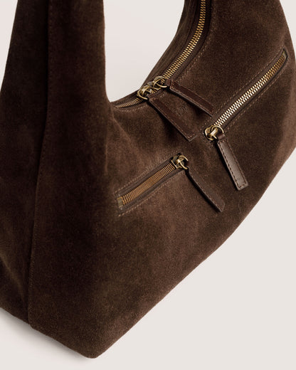 Women’s dark brown suede shoulder bag with leather details – Kaia
