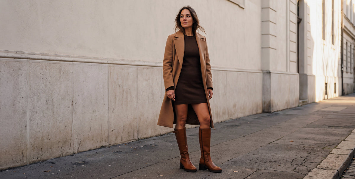 Woman in a camel wool coat and brown knit dress wearing cognac leather
knee high boots by 5PM on a sunny European street
